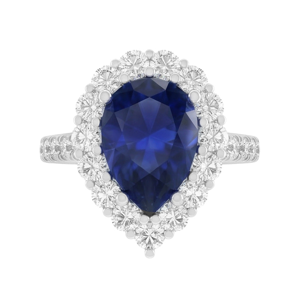 Echter Halo-Edelstein-Ring, Birnenblauer Saphir, Gold-Damenschmuck, 8 Karat