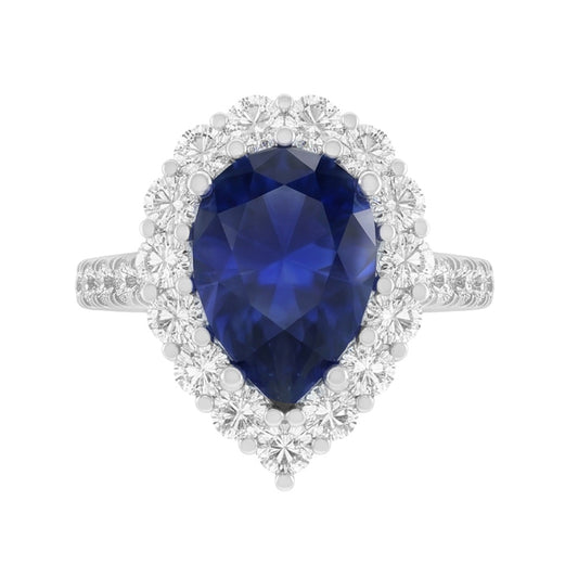 Echter Halo-Edelstein-Ring, Birnenblauer Saphir, Gold-Damenschmuck, 8 Karat