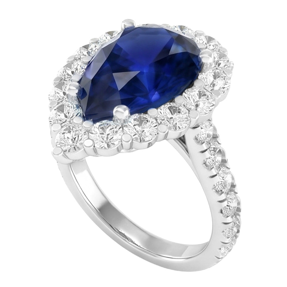 Echter Halo-Edelstein-Ring, Birnenblauer Saphir, Gold-Damenschmuck, 8 Karat