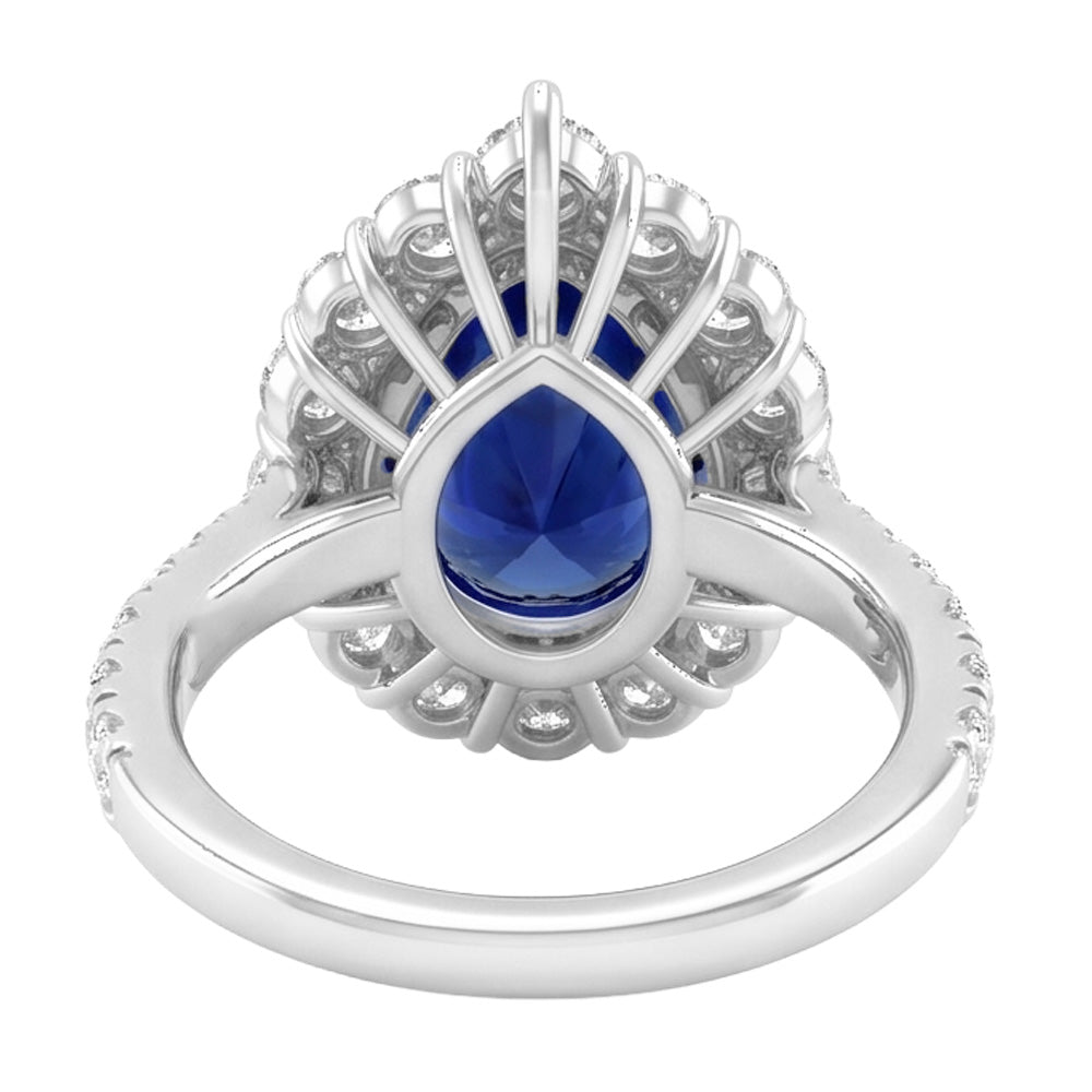 Echter Halo-Edelstein-Ring, Birnenblauer Saphir, Gold-Damenschmuck, 8 Karat
