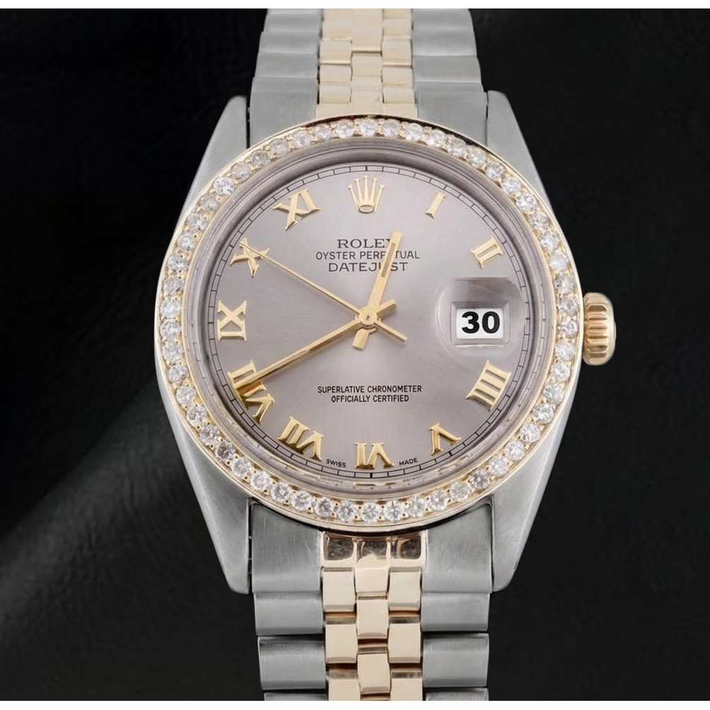 Echter Herren-Datejust-Uhr mit grauem römischen Zifferblatt und Diamantlünette, zweifarbig, Rolex...