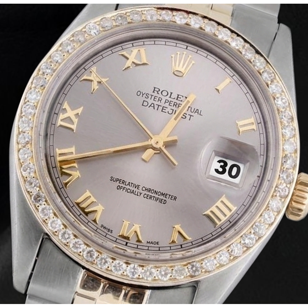 Echter Herren-Datejust-Uhr mit grauem römischen Zifferblatt und Diamantlünette, zweifarbig, Rolex...