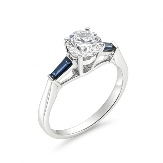 Echter Natürlicher Blauer Saphir-Aus der Erde Abgebauter Natürlicher Diamantring 3,20 ct. 3 Steinzeitlicher Bergmann