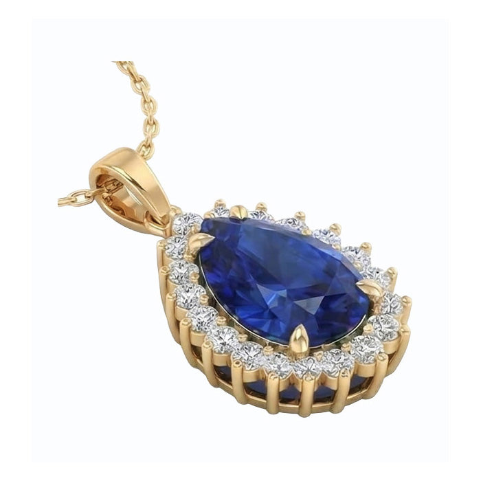 Echter Tropfen Form Blauem Saphir Anhänger Mit Aus der Erde Abgebauter Natürlicher Diamanten
