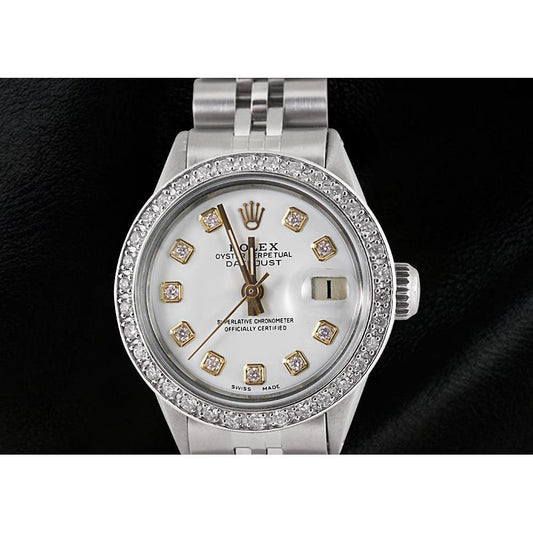 Edelstahl-Jubiläums-Rolex-Datejust-Damenuhr mit weißem Diamant-Zifferblatt und Lünette
