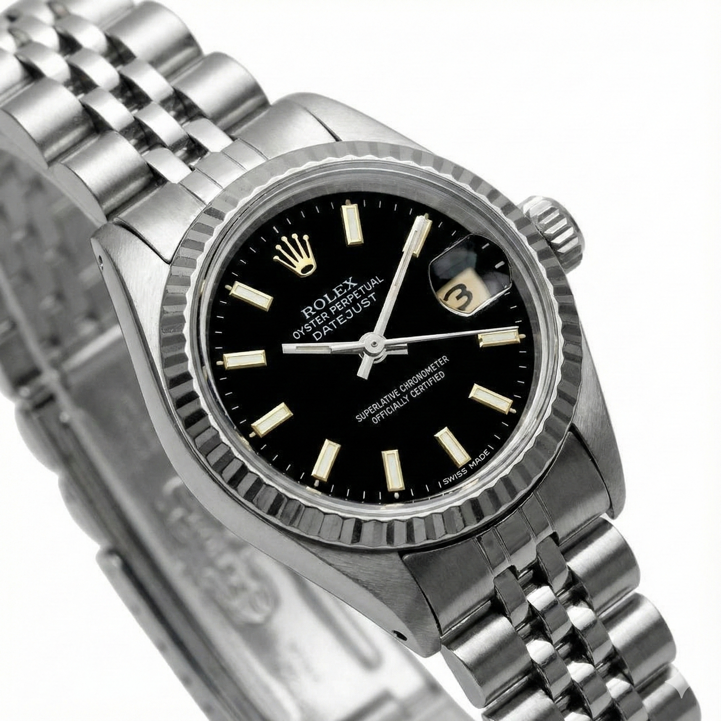 Edelstahl-Jubiläumsarmband, schwarzes Zifferblatt, Rolex Datejust Damenuhr