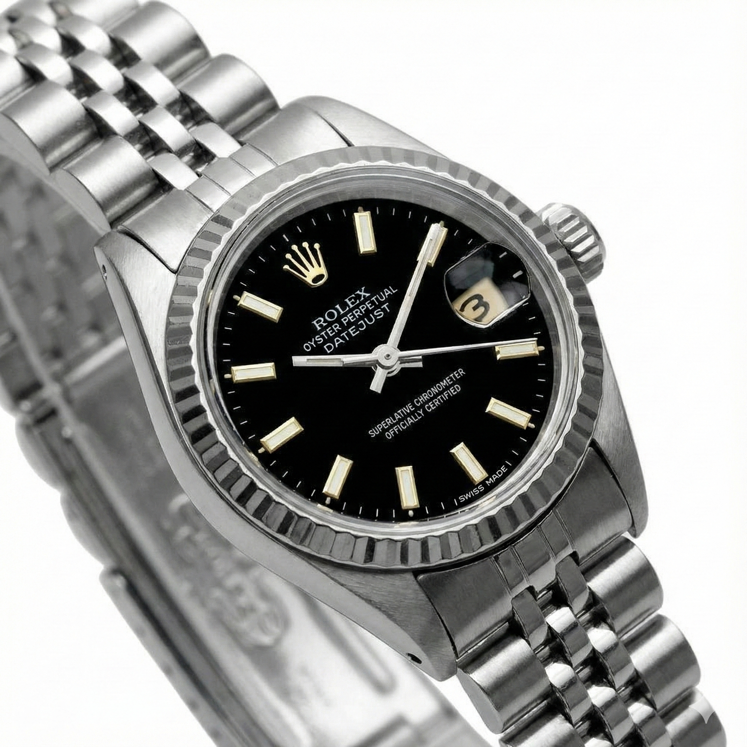 Edelstahl-Jubiläumsarmband, schwarzes Zifferblatt, Rolex Datejust Damenuhr