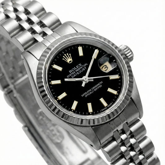 Edelstahl-Jubiläumsarmband, schwarzes Zifferblatt, Rolex Datejust Damenuhr