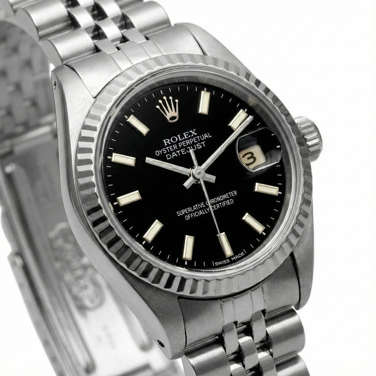 Edelstahl-Jubiläumsarmband, schwarzes Zifferblatt, Rolex Datejust Damenuhr