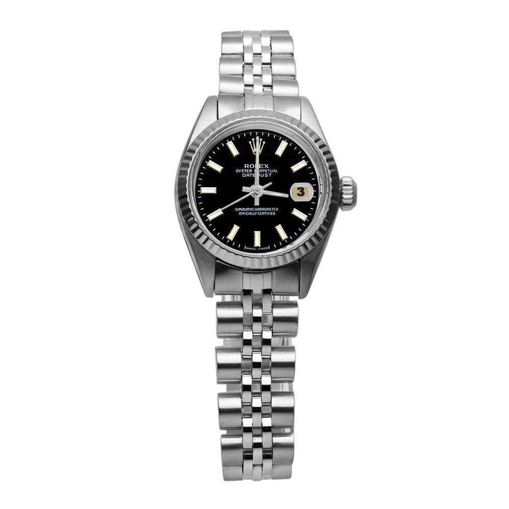 Edelstahl-Jubiläumsarmband, schwarzes Zifferblatt, Rolex Datejust Damenuhr
