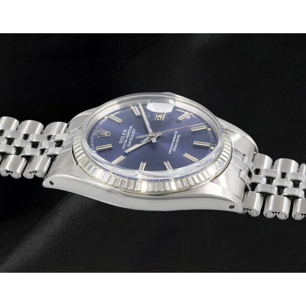 Edelstahl Jubilee Rolex Datejust Herrenuhr, blaues Stick-Zifferblatt, geriffelte Lünette, SCHNELLES SET