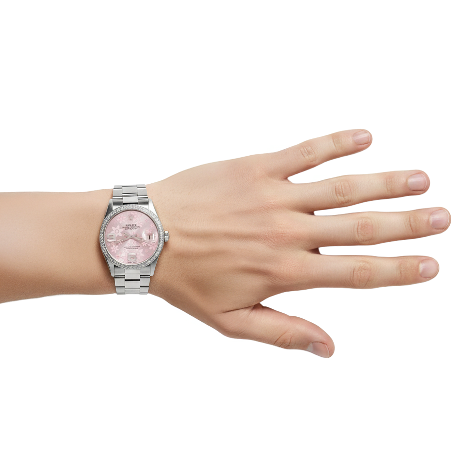 Edelstahl Rolex Datejust Herrenuhr, rosa Zifferblatt, Diamantlünette – SCHNELLES SET