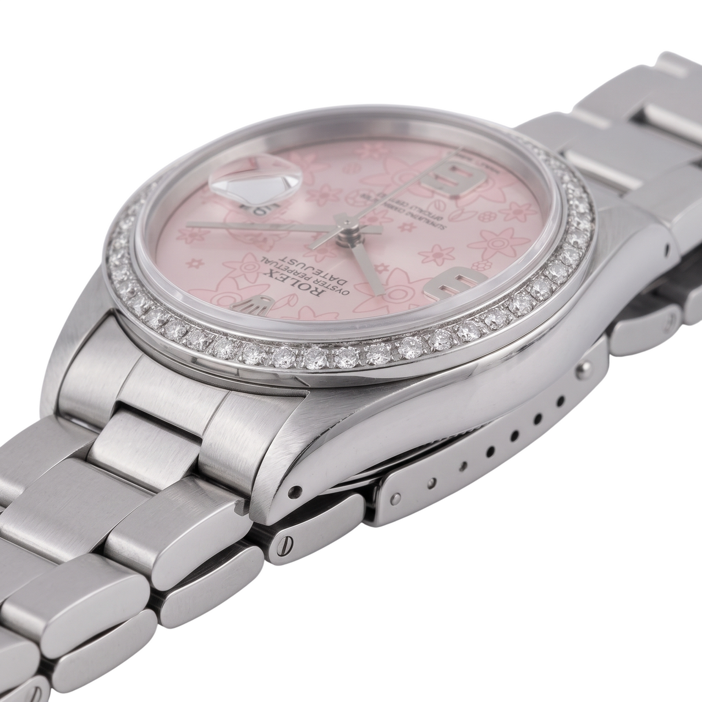 Edelstahl Rolex Datejust Herrenuhr, rosa Zifferblatt, Diamantlünette – SCHNELLES SET