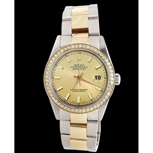 Edelstahl- und Gelbgold-Austernarmband, Datumsanzeige, Rolex-Uhr mit einfachem Zifferblatt, SCHNELLES SET
