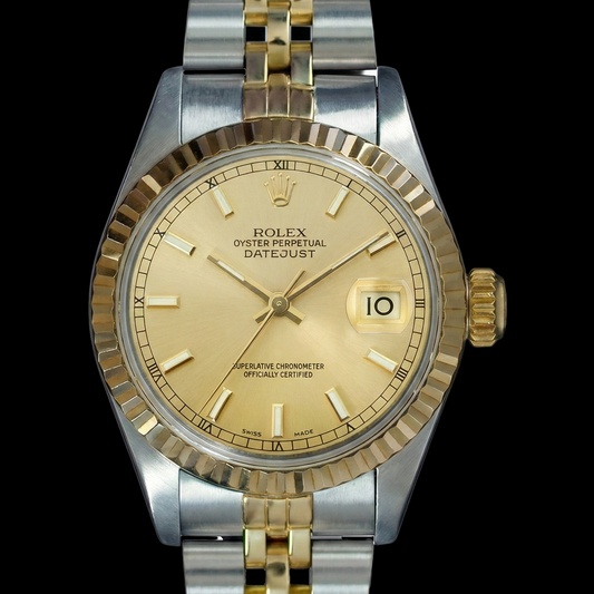 Edelstahl- und Gelbgold-Datejust-Damenuhr von Rolex mit Champagner-Zifferblatt