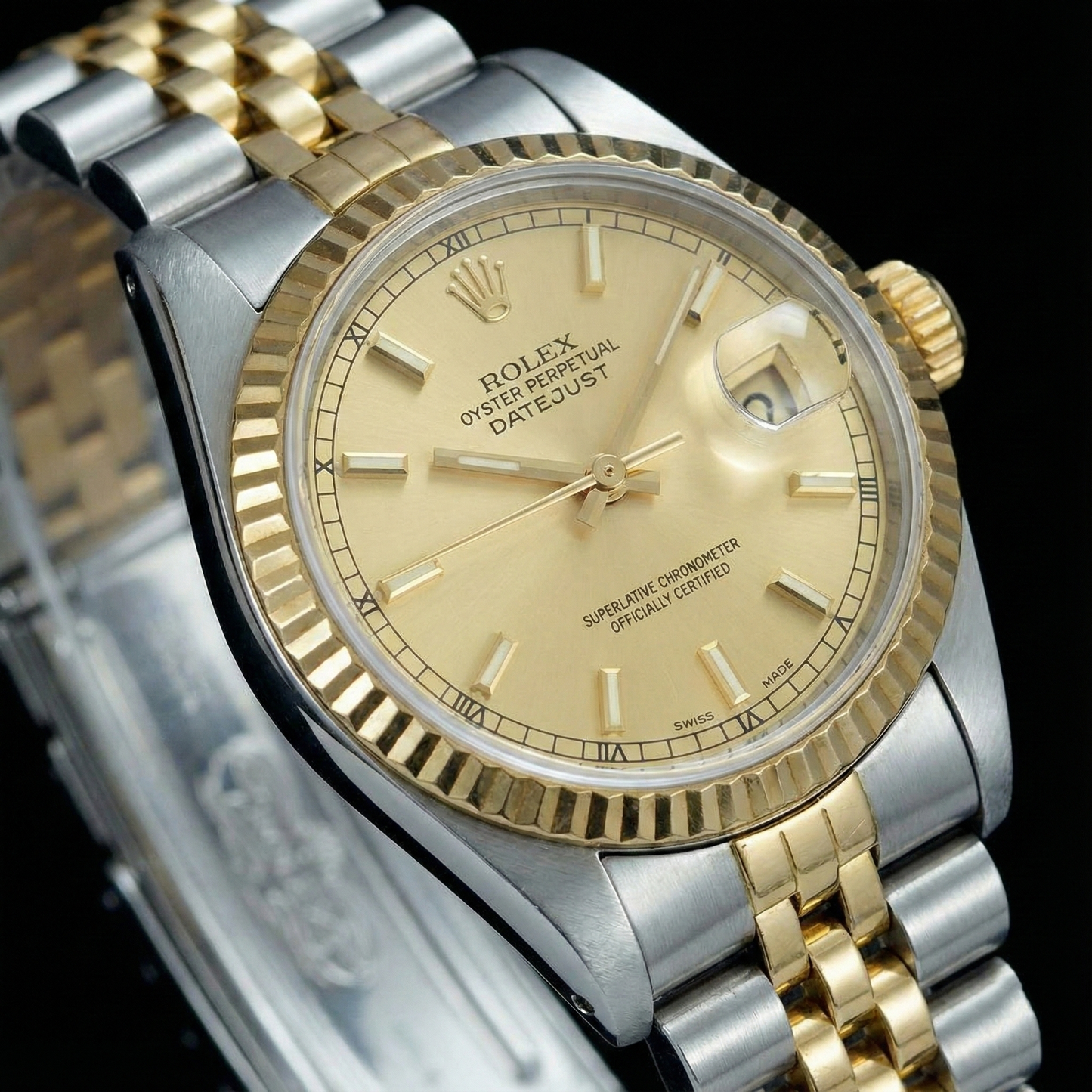 Edelstahl- und Gelbgold-Datejust-Damenuhr von Rolex mit Champagner-Zifferblatt