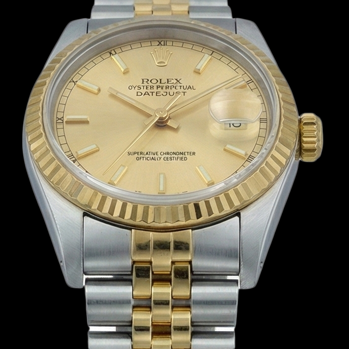 Edelstahl- und Gelbgold-Datejust-Damenuhr von Rolex mit Champagner-Zifferblatt