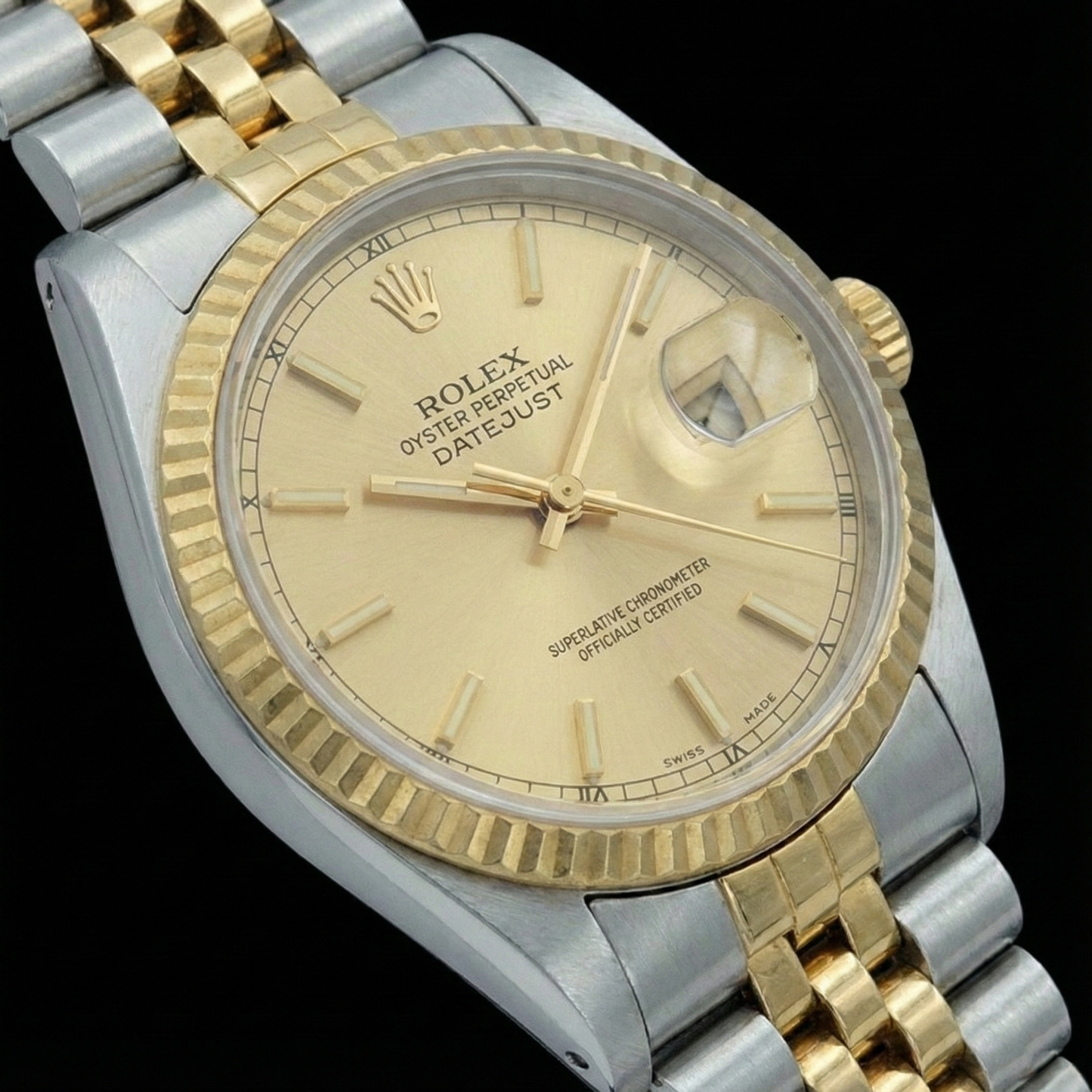 Edelstahl- und Gelbgold-Datejust-Damenuhr von Rolex mit Champagner-Zifferblatt