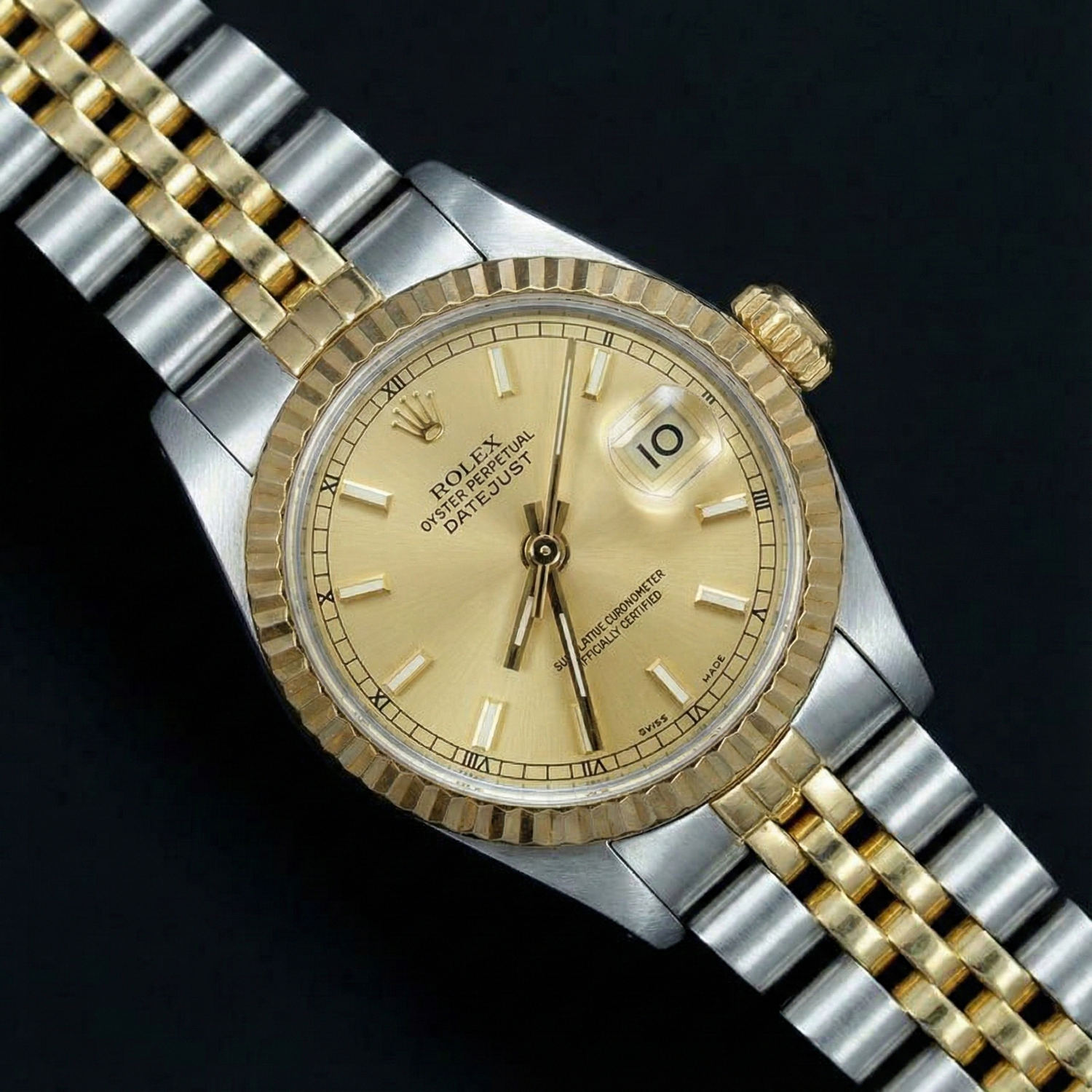 Edelstahl- und Gelbgold-Datejust-Damenuhr von Rolex mit Champagner-Zifferblatt
