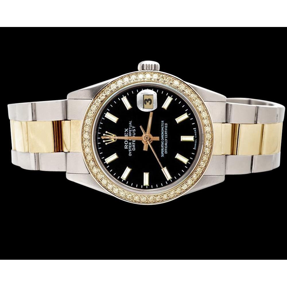 Edelstahl- und goldene Lünette, Rolex Datejust-Uhr mit schwarzem Zifferblatt und SCHNELLES SETZEN
