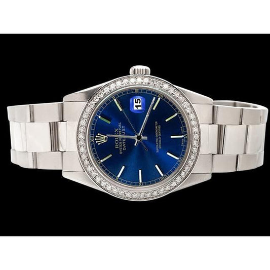 Edelstahl Datejust Uhr Diamant Lünette Rolex Blau Stick-Zifferblatt SCHNELLES EINSTELLEN
