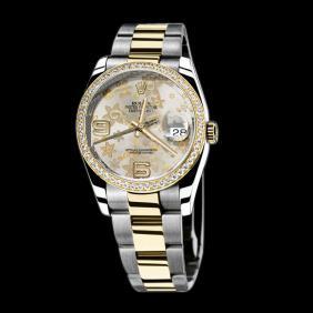Edelstahl & Gold Damenuhr Rolex Date Just für Herren, zweifarbiges Blumenzifferblatt, SCHNELLES SET