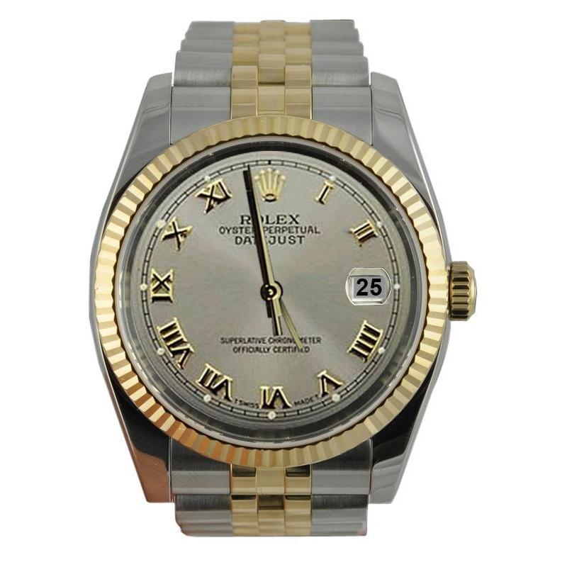Edelstahl & Gold Grau römisch Zifferblatt Datejust Herrenuhr Rolex Geriffelte Lünette SCHNELLES EINSTELLEN
