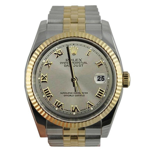 Edelstahl & Gold Grau römisch Zifferblatt Datejust Herrenuhr Rolex Geriffelte Lünette SCHNELLES EINSTELLEN
