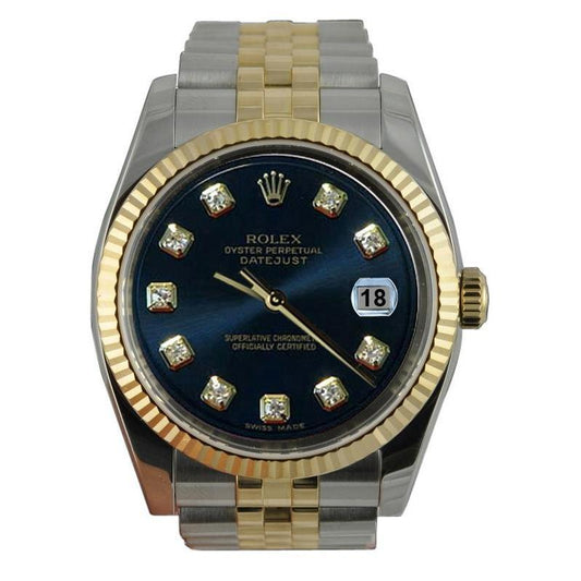 Edelstahl & Gold Jubiläum Rolex Datejust Herrenuhr mit blauer geriffelter Lünette, SCHNELLES SET
