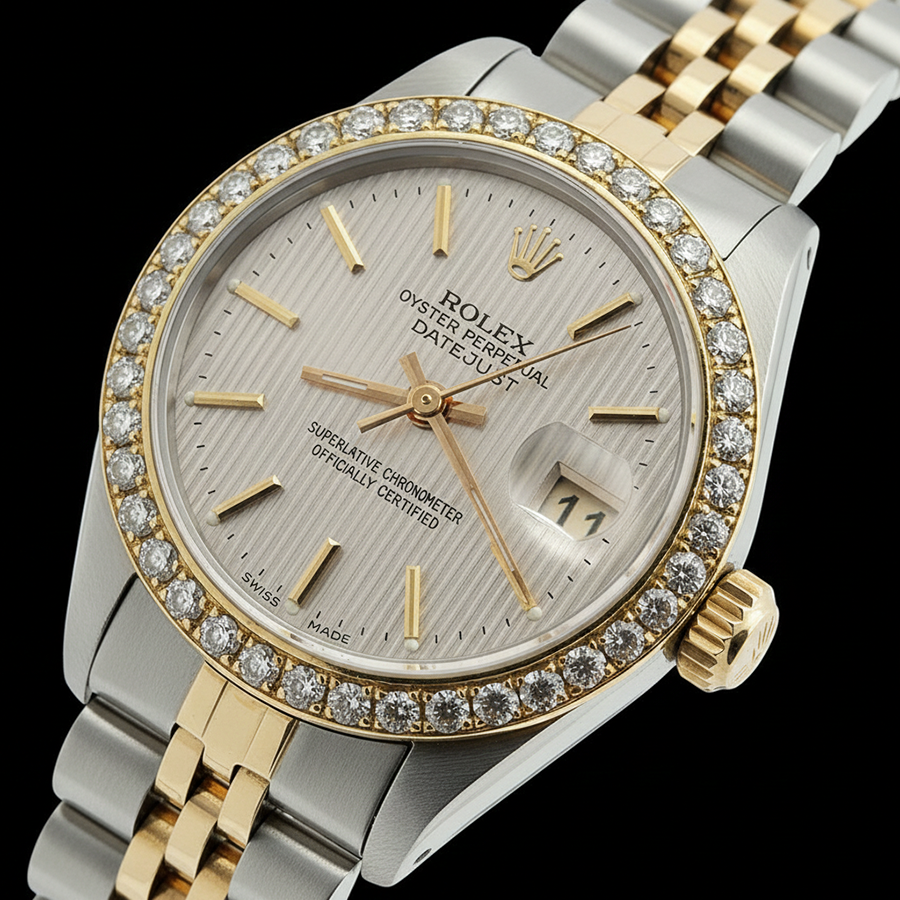 Edelstahl & Gold Jubilee Rolex Date Just Weiß Stick Betrachten Datejust