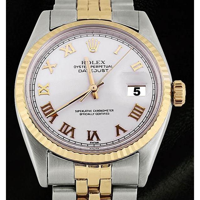 Edelstahl & Gold Jubilee Rolex Datejust Herrenuhr mit geriffelter Lünette, weißes römisches Zifferblatt, SCHNELLSET
