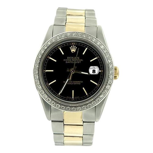 Edelstahl & Gold Oyster-Armband Datejust Rolex-Uhr mit schwarzem Stick-Zifferblatt