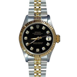 Edelstahl & Gold geriffelt Datejust Damenuhr Rolex mit schwarzem Diamantzifferblatt