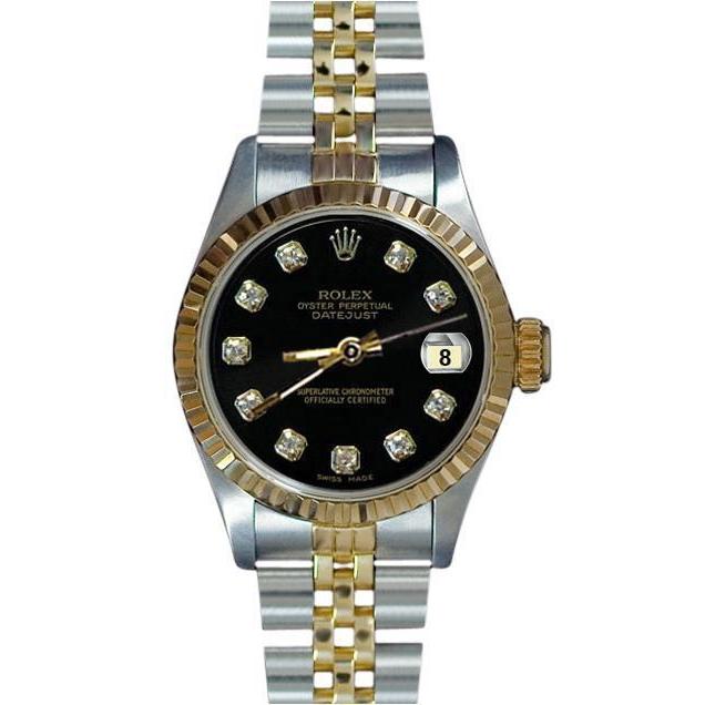 Edelstahl & Gold geriffelt Datejust Damenuhr Rolex mit schwarzem Diamantzifferblatt