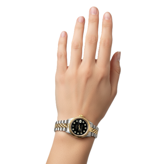 Edelstahl & Gold geriffelt Datejust Damenuhr Rolex mit schwarzem Diamantzifferblatt