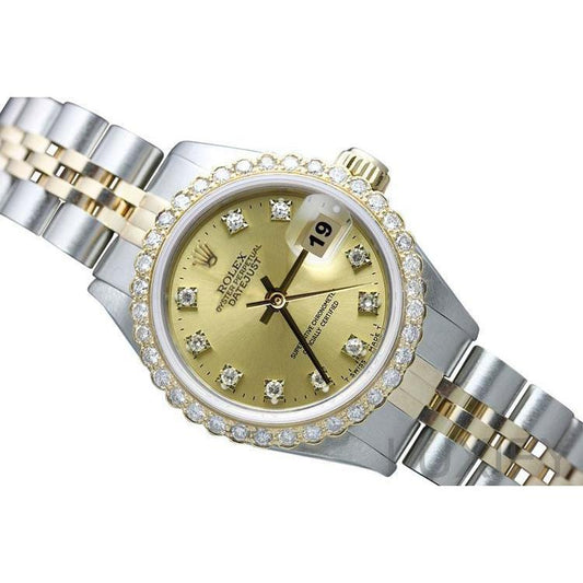 Edelstahl & Goldarmband Rolex Datejust Uhr Champagner Diamant Lünette
