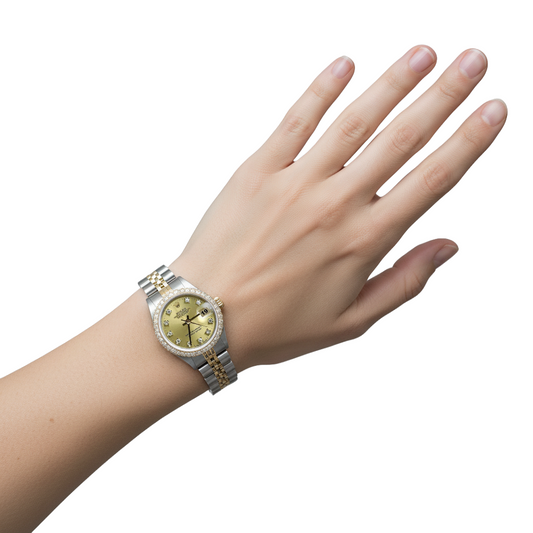 Edelstahl & Goldarmband Rolex Datejust Uhr Champagner Diamant Lünette P2