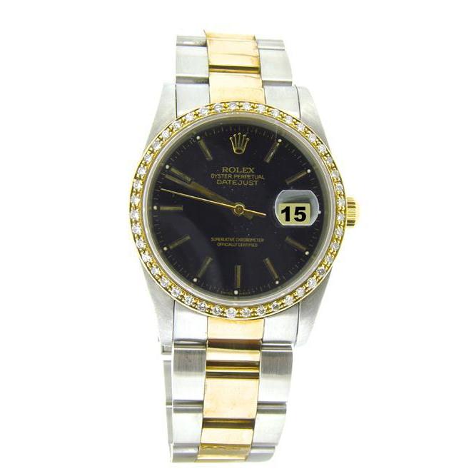 Edelstahl & Goldarmband, schwarzes Zifferblatt, Diamantlünette, Uhr Rolex Date Just

