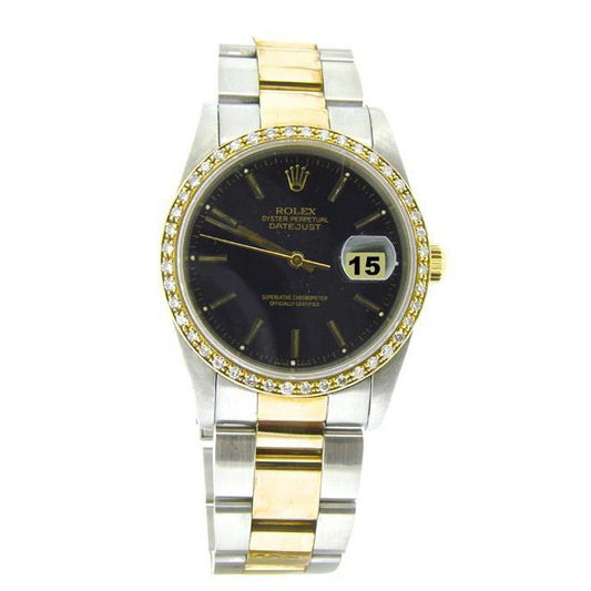 Edelstahl & Goldarmband, schwarzes Zifferblatt, Diamantlünette, Uhr Rolex Date Just
