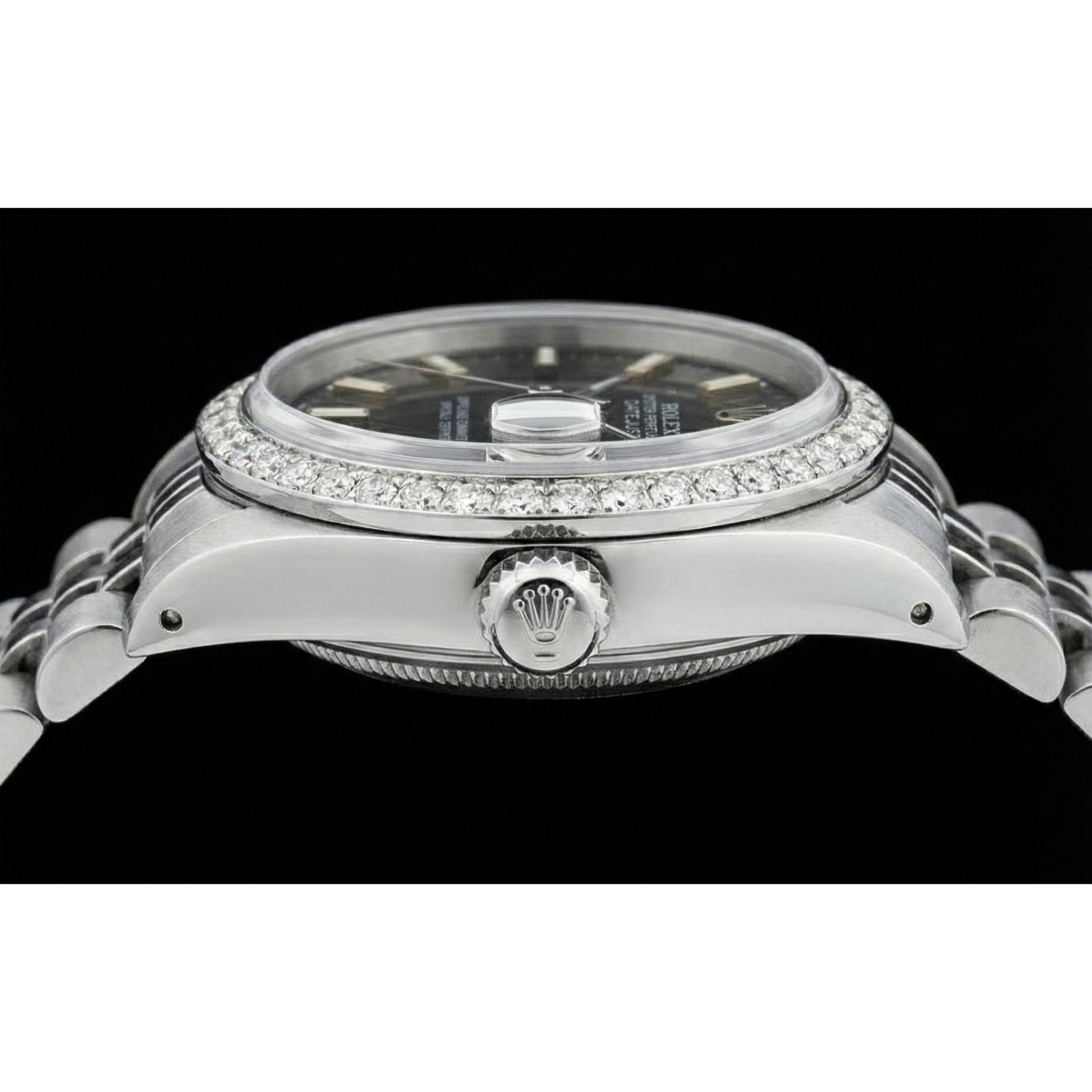 Edelstahl Jubilee-Armband, schwarzes Stick-Zifferblatt, Diamant-Lünette, Rolex-Uhr