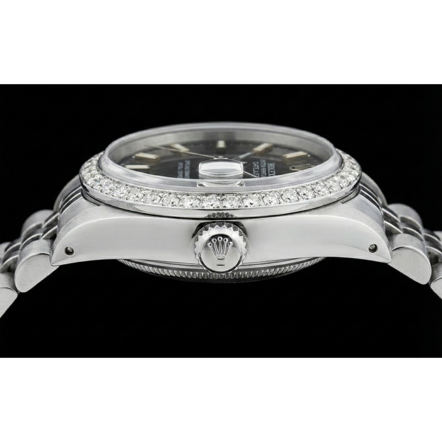 Edelstahl Jubilee-Armband, schwarzes Stick-Zifferblatt, Diamant-Lünette, Rolex-Uhr