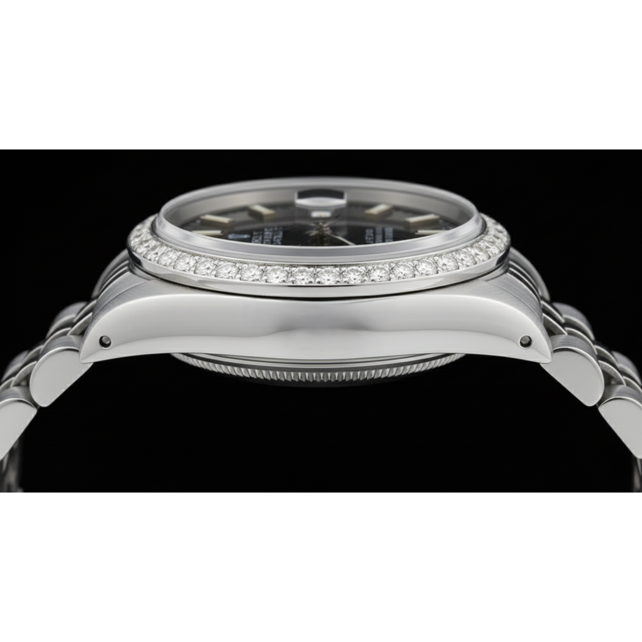 Edelstahl Jubilee-Armband, schwarzes Stick-Zifferblatt, Diamant-Lünette, Rolex-Uhr