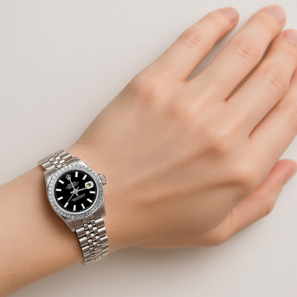 Edelstahl Jubilee-Armband, schwarzes Stick-Zifferblatt, Diamant-Lünette, Rolex-Uhr