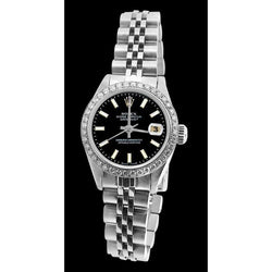 Edelstahl Jubilee-Armband, schwarzes Stick-Zifferblatt, Diamant-Lünette, Rolex-Uhr