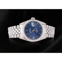 Edelstahl Jubilee Rolex Datejust Herrenuhr, blaues Stick-Zifferblatt, geriffelte Lünette, SCHNELLES SET
