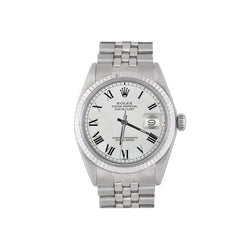 Edelstahl Jubilee Rolex Datejust Herrenuhr, weißes römisches Zifferblatt, geriffelte Lünette, SCHNELLSET