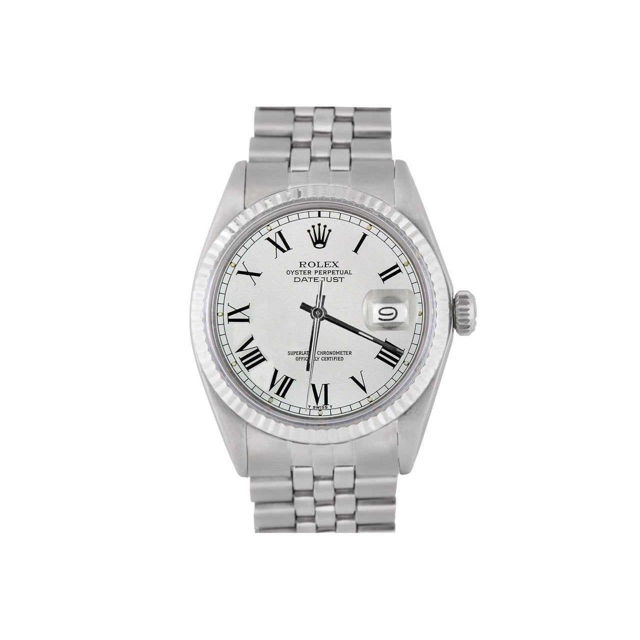 Edelstahl Jubilee Rolex Datejust Herrenuhr, weißes römisches Zifferblatt, geriffelte Lünette, SCHNELLSET