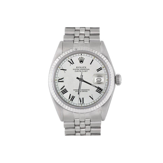Edelstahl Jubilee Rolex Datejust Herrenuhr, weißes römisches Zifferblatt, geriffelte Lünette, SCHNELLSET