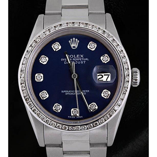 Edelstahl Oyster-Armband Rolex Date Just Herrenuhr mit blauem Diamant-Zifferblatt, SCHNELLES SET
