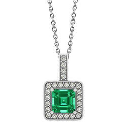 Edelstein-Anhänger-Halskette 4 Karat Asscher-Schliff Grün Smaragd Und Runde Diamanten
